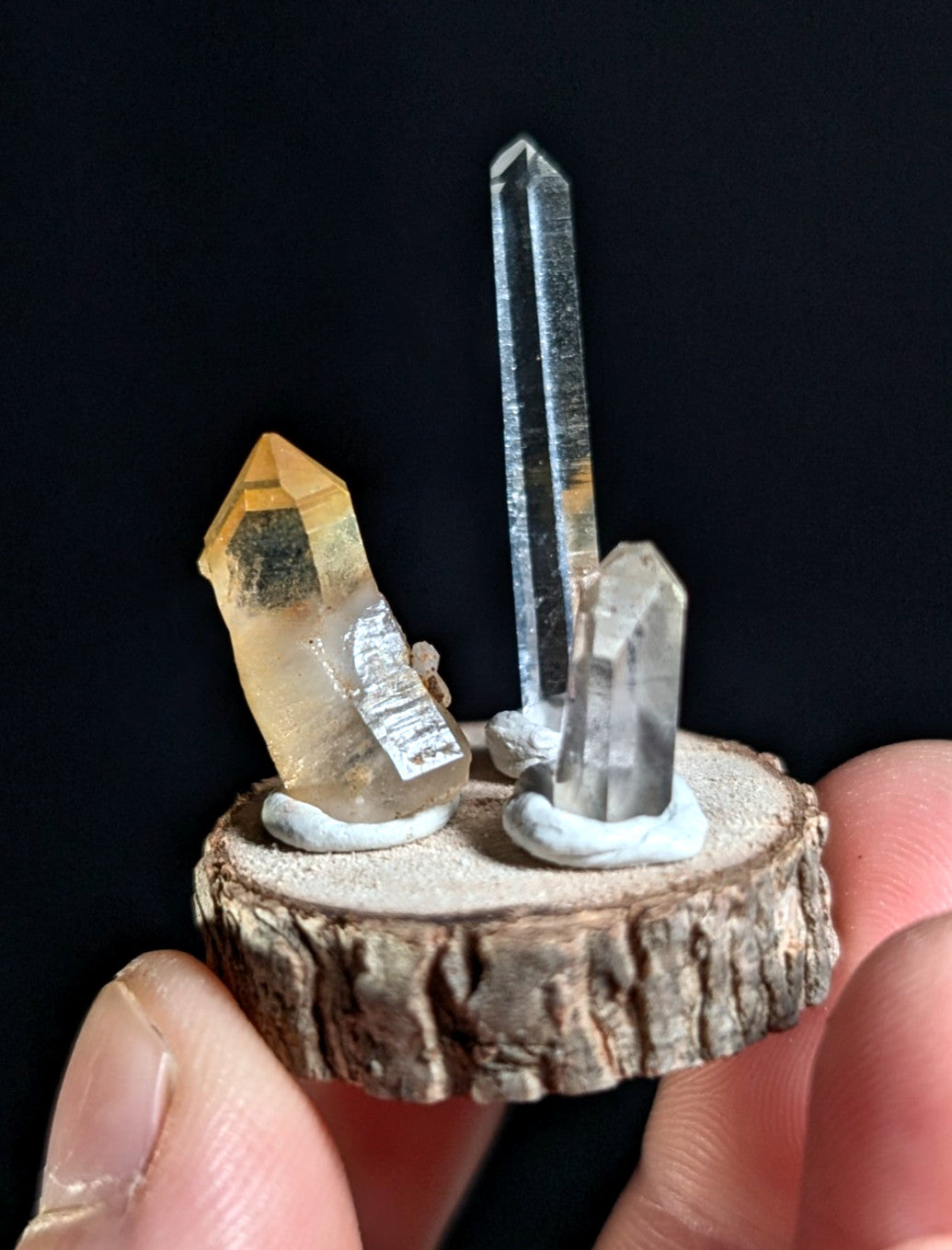 Unique set of 3 Quartz Crystal Points, Garland County, Arkansas, w/ wood base