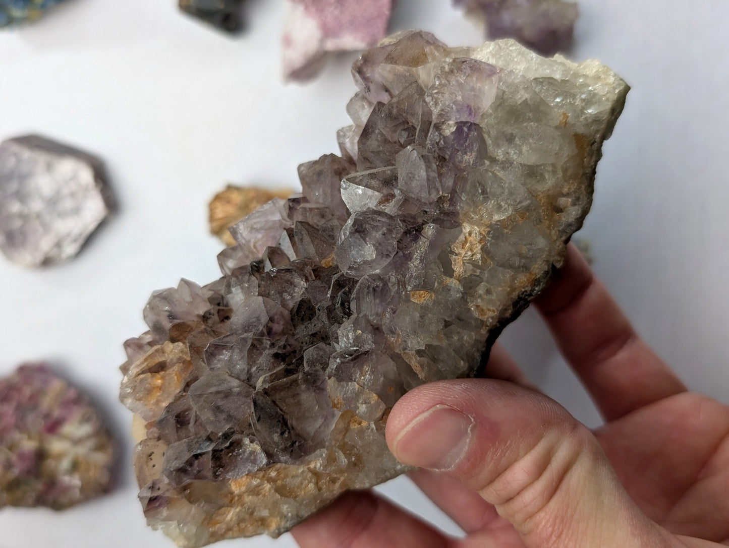 Amethyst, Tourmaline, Apatite, Pyrophyllite, Lepidolite, Flat of 9 OOAK Minerals