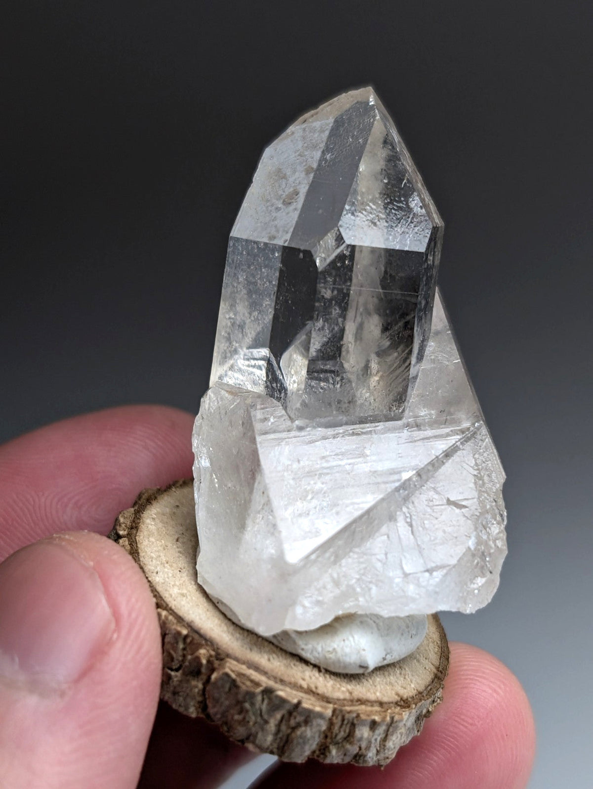 Unique Quartz Point, Old Stock, Garland County, Arkansas, w/ natural wood base