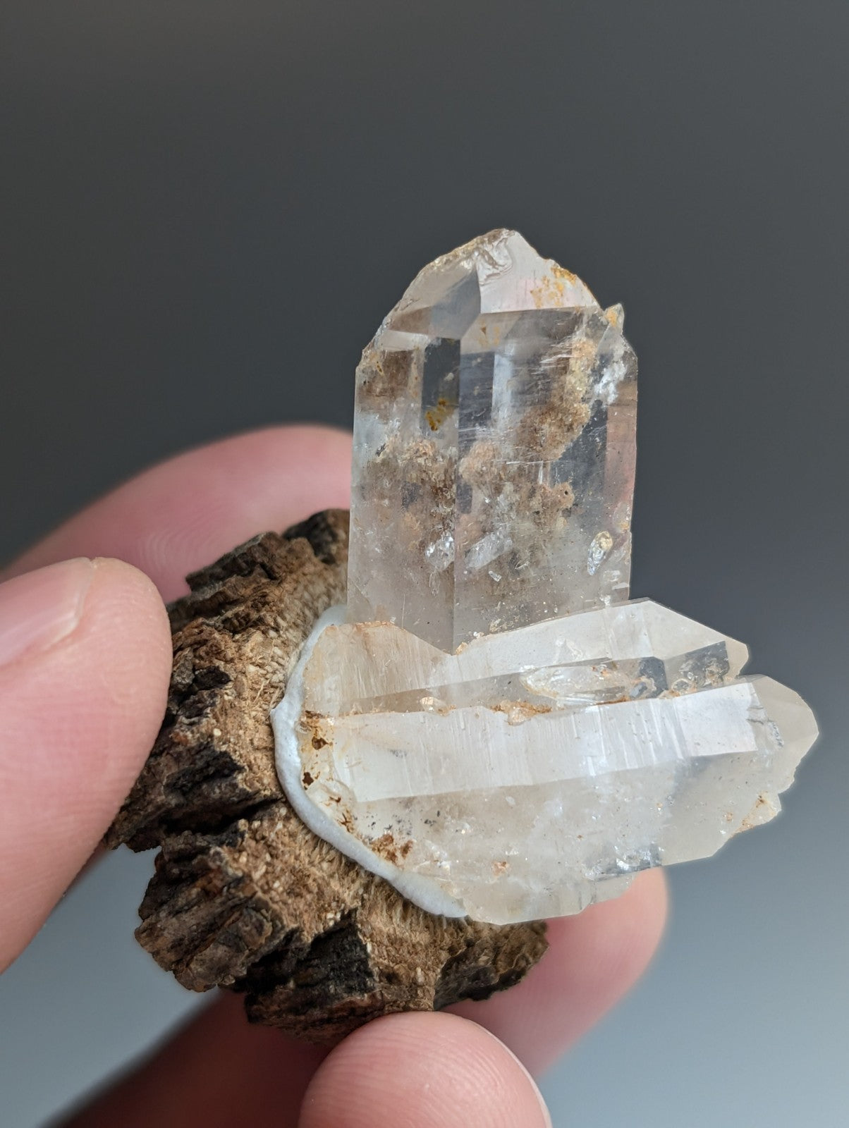 Nacrite included Quartz Crystal, Montgomery County, Arkansas, w/ wood base