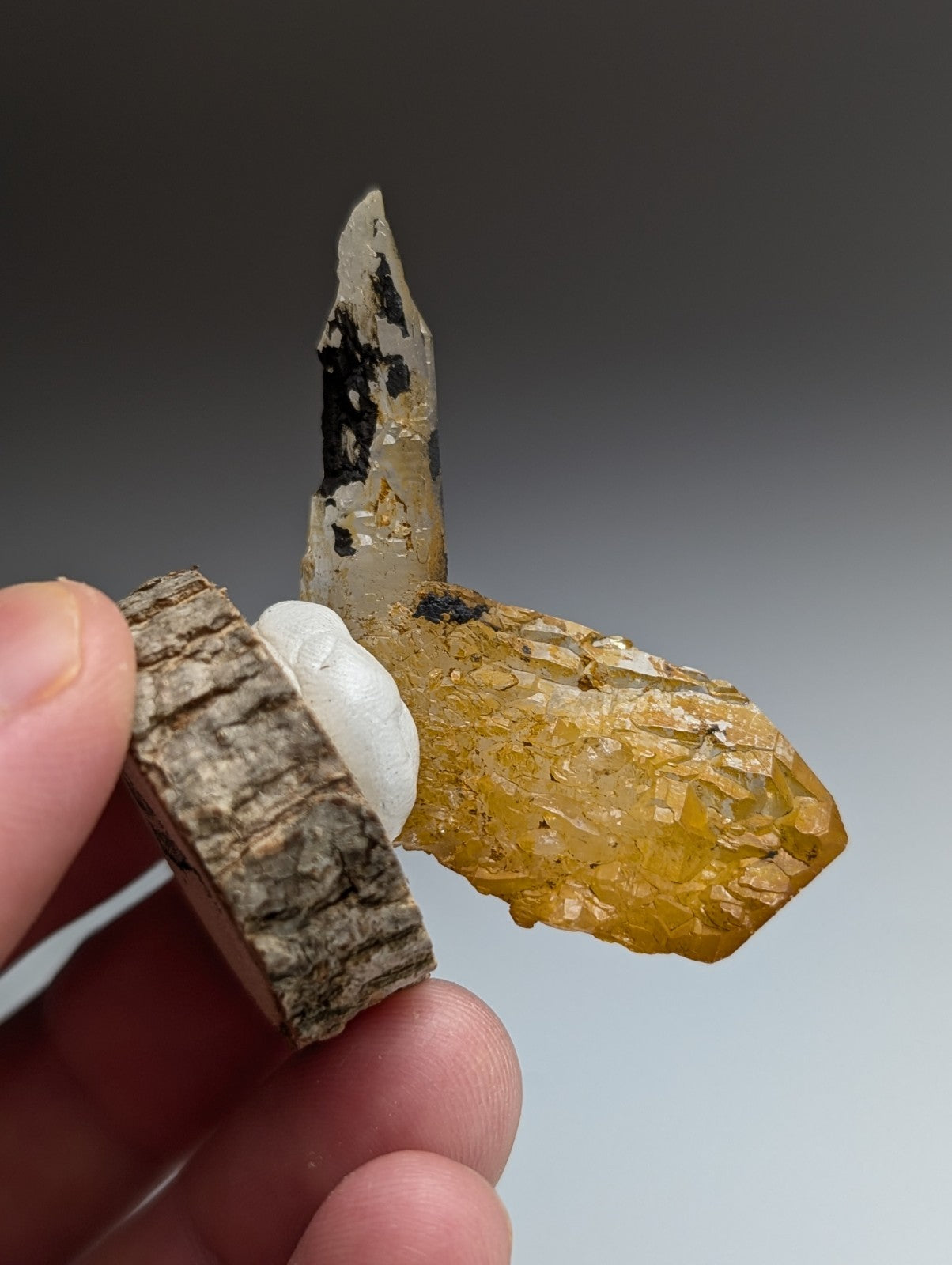 A+ Unique Quartz, Old Stock, Montgomery County, Arkansas, w/ natural wood base