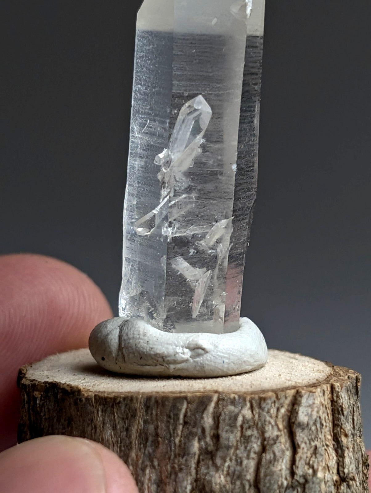 Manifestation Quartz, Old Stock, Montgomery County, Arkansas, w/ wood base