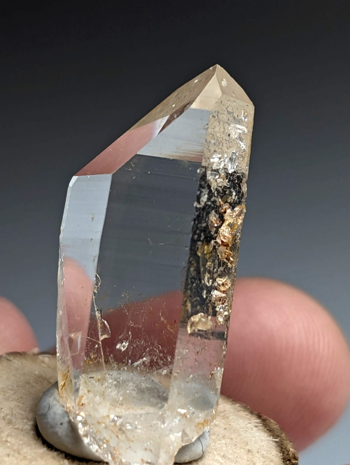 Optical Quartz Crystal Point, Montgomery County, Arkansas, USA, w/ wood mount