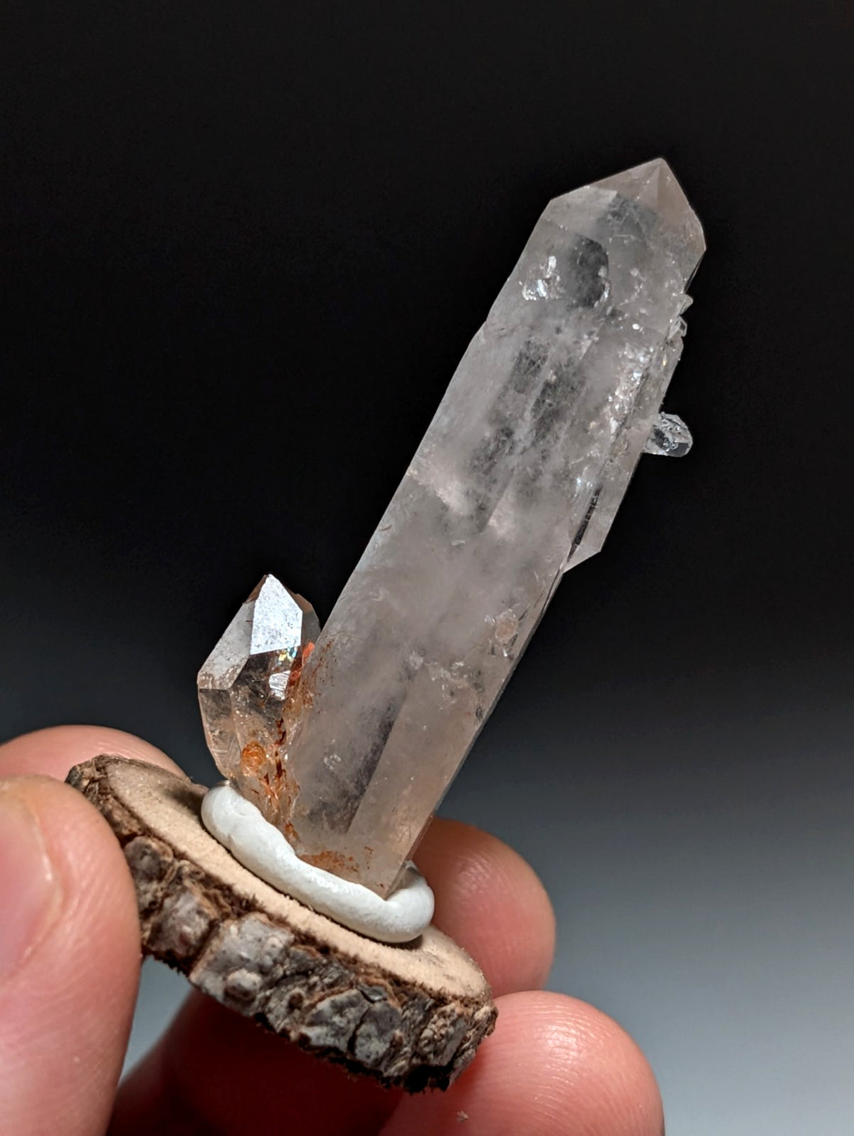 A+ Quartz Crystal Point, Montgomery County, Arkansas, w/ natural wood base