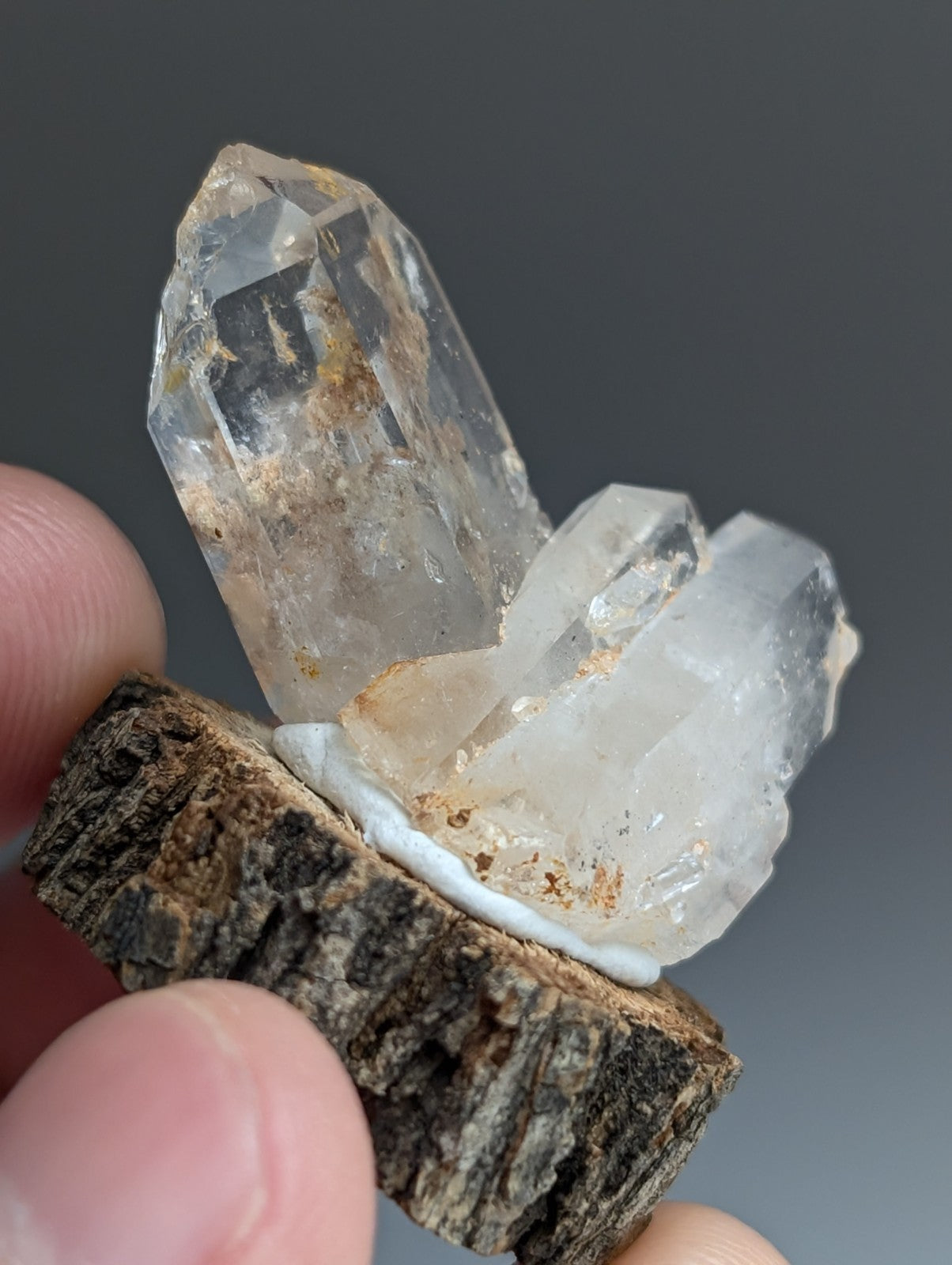 Nacrite included Quartz Crystal, Montgomery County, Arkansas, w/ wood base