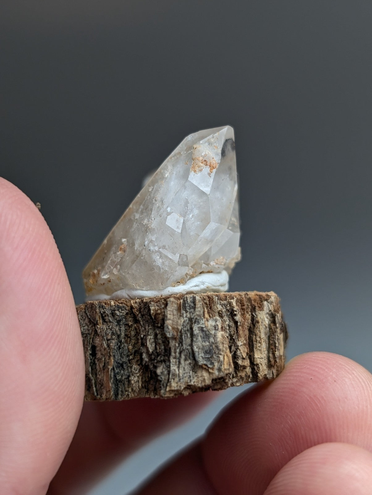 Nacrite included Quartz Crystal, Montgomery County, Arkansas, w/ wood base