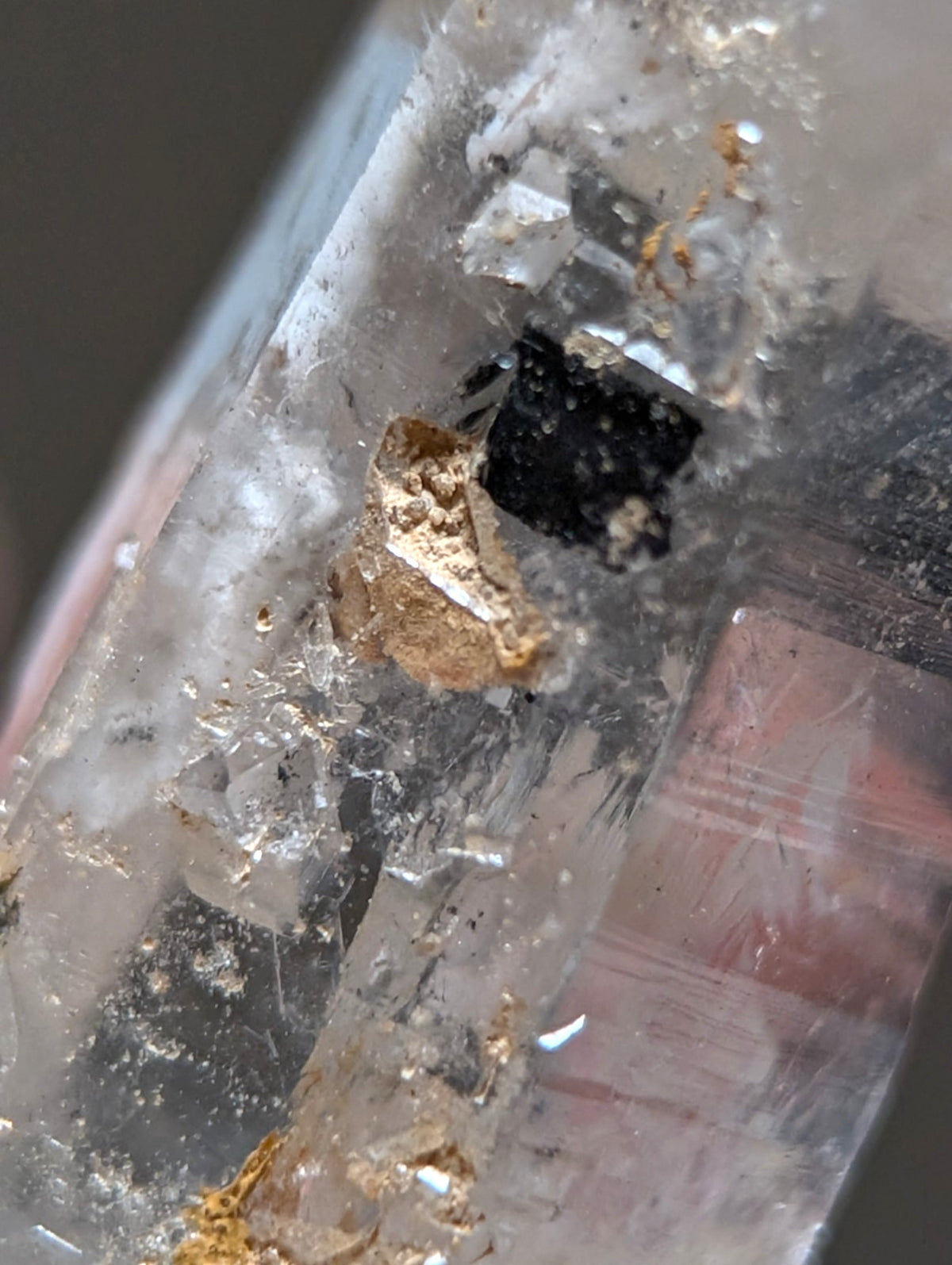 Nacrite + Manganese included Quartz Crystal Point, Arkansas, w/ wood base
