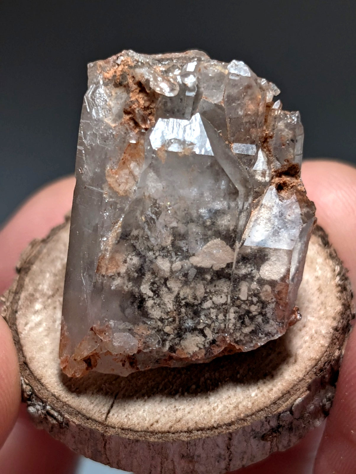 Nacrite + Manganese included Quartz Crystal Point, Arkansas, w/ wood base