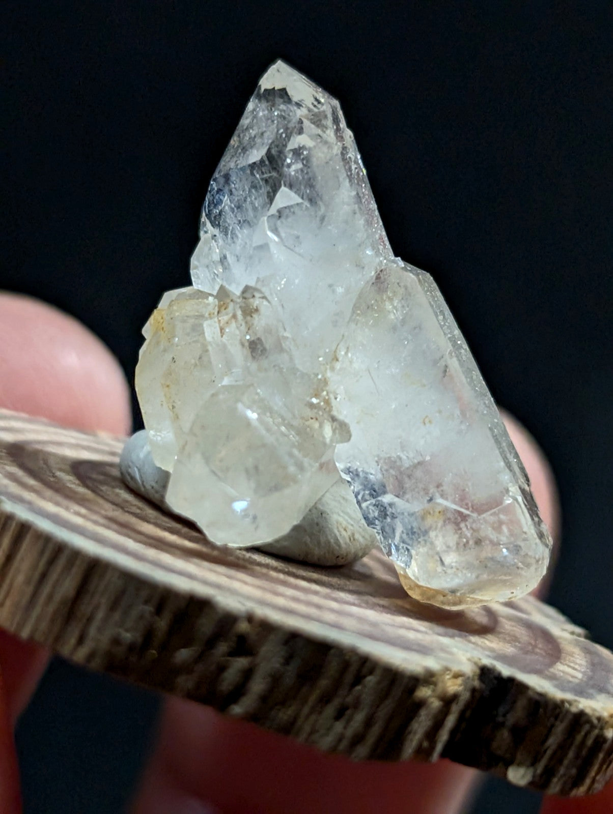 Quartz Crystal Cluster, Old Stock, Montgomery County, Arkansas, w/ wood base