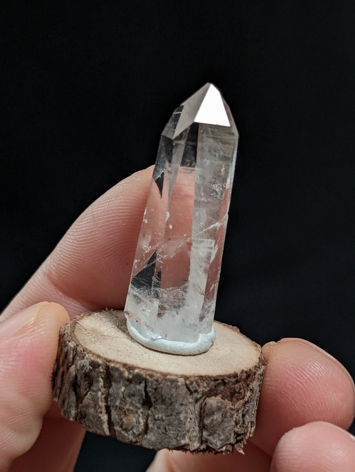 A+ Clear Quartz, Old Stock, Montgomery County, Arkansas, w/ natural wood base
