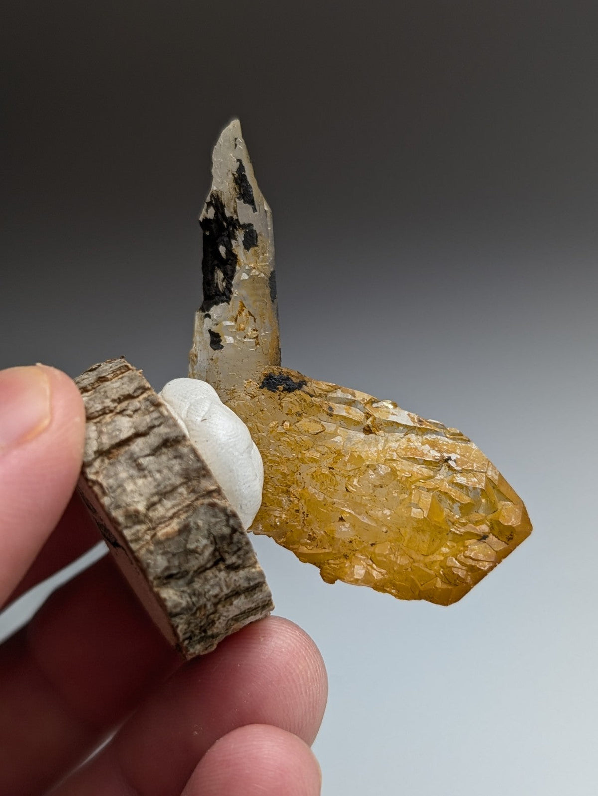 A+ Unique Quartz, Old Stock, Montgomery County, Arkansas, w/ natural wood base
