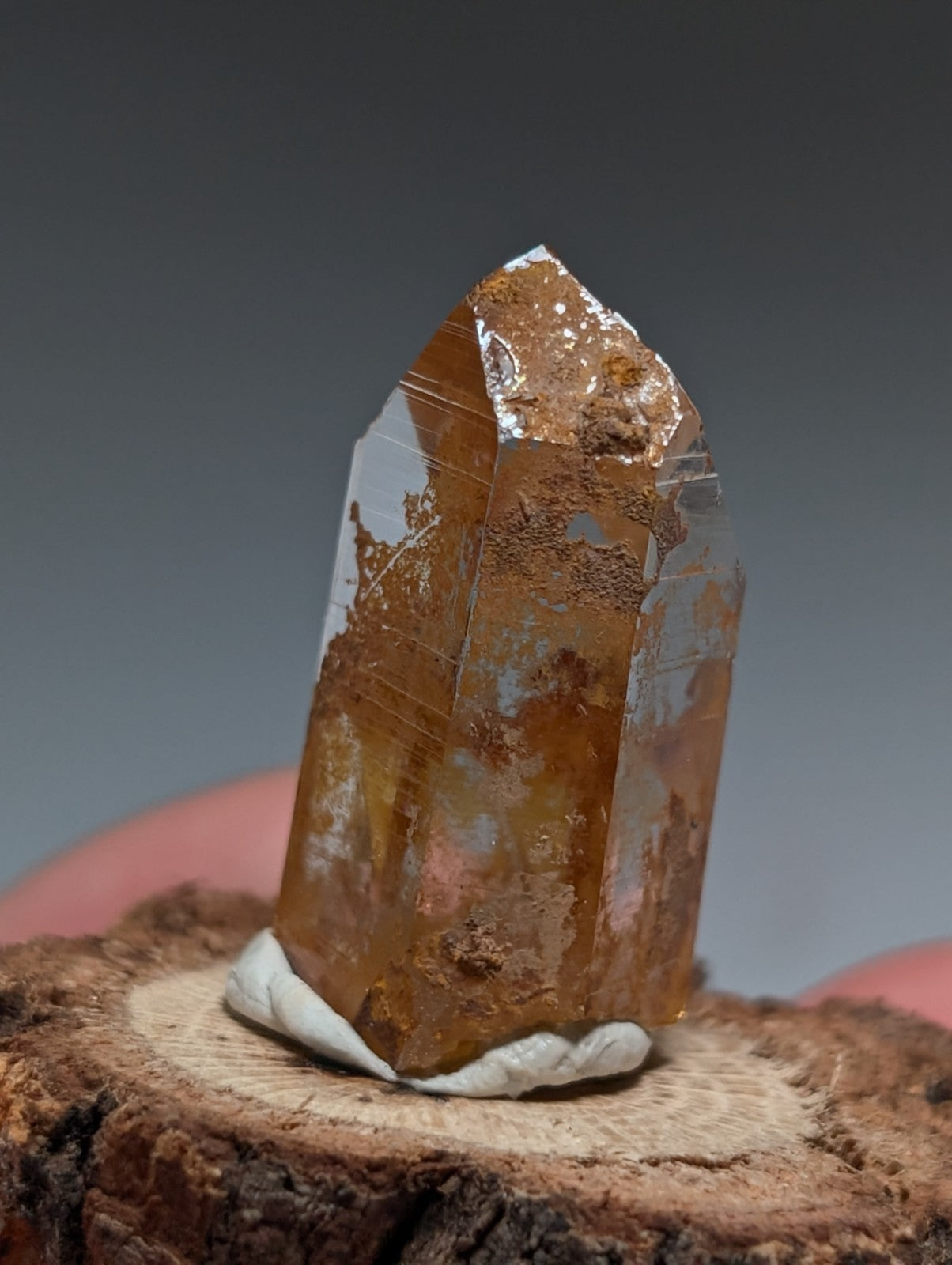 A+ Optical Quartz, Old Stock, Montgomery County, Arkansas, w/ natural wood base