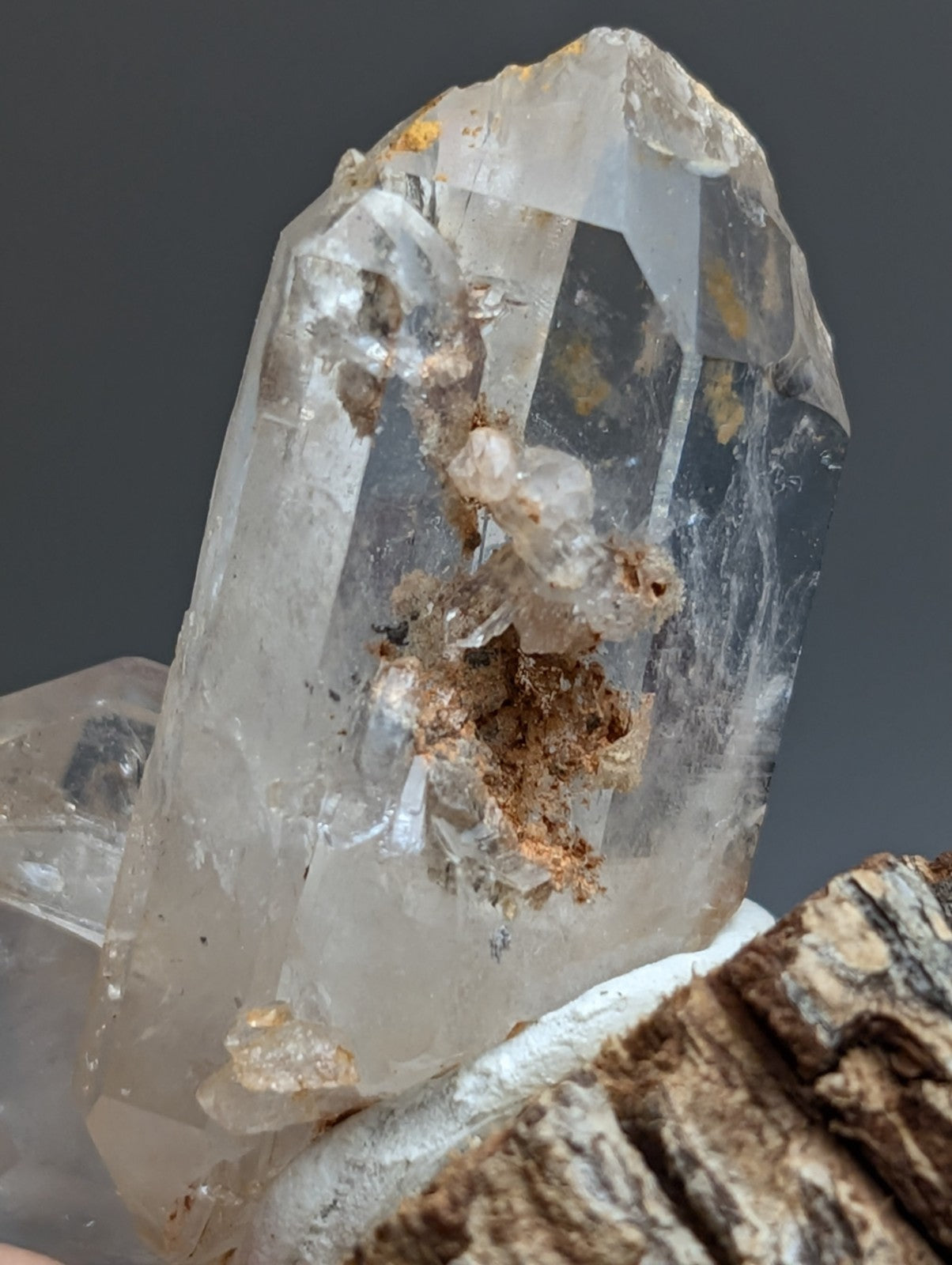 Nacrite included Quartz Crystal, Montgomery County, Arkansas, w/ wood base