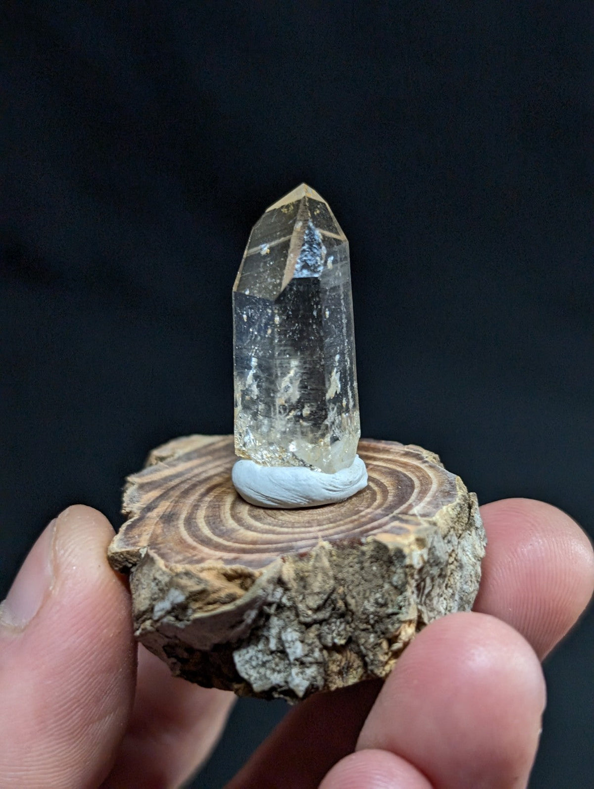A clear, faceted quartz crystal with subtle internal inclusions sits upright on a rustic wooden slice.