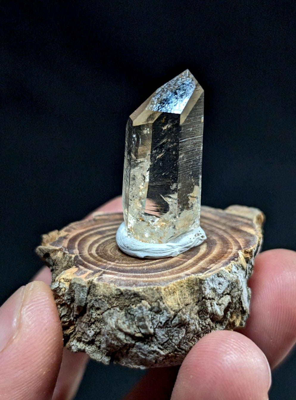 A clear, faceted quartz crystal with a pointed top and subtle internal inclusions sits elegantly on a rustic wooden slice base.