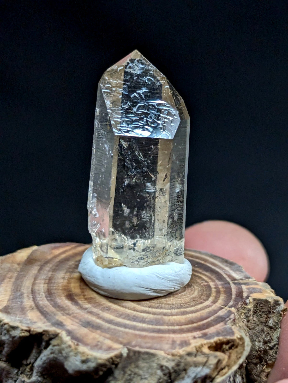 A clear, faceted quartz crystal with a pointed top and natural inclusions stands upright on a white circular base.