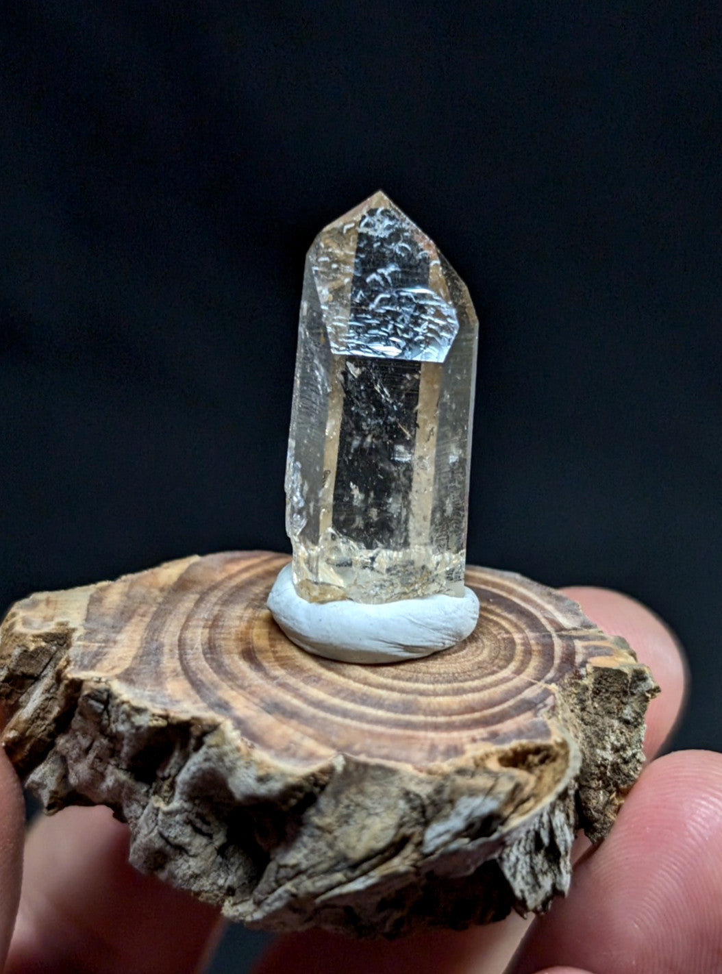 A clear, faceted quartz crystal with a pointed top and natural inclusions sits atop a small white circular base on a rustic wooden slice.