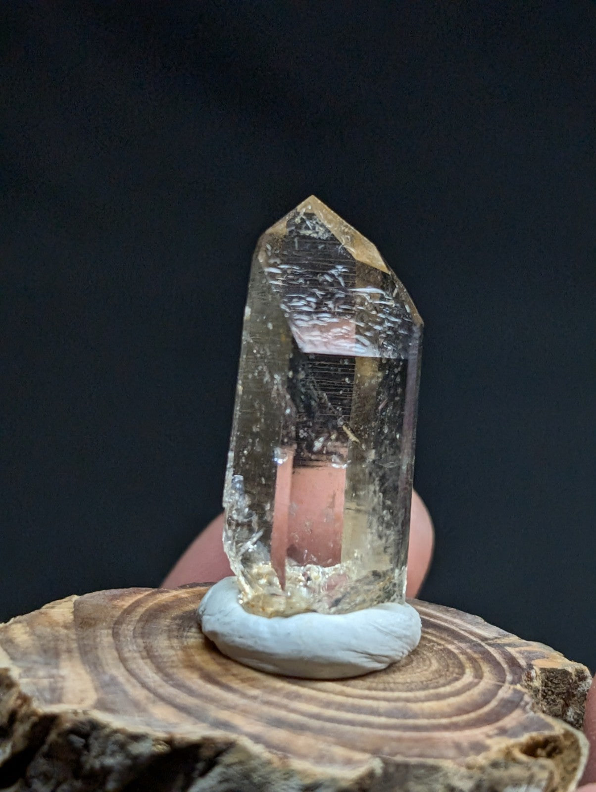 A translucent yellowish quartz crystal with a pointed tip, displayed on a circular white base atop a rustic wooden slice.