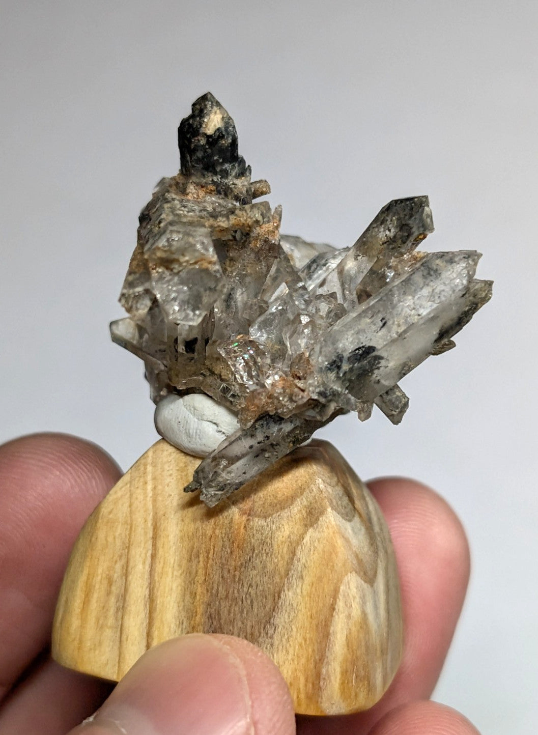 A clear quartz crystal cluster with dark inclusions and a rough, earthy base rests atop a light-colored wooden display stand.