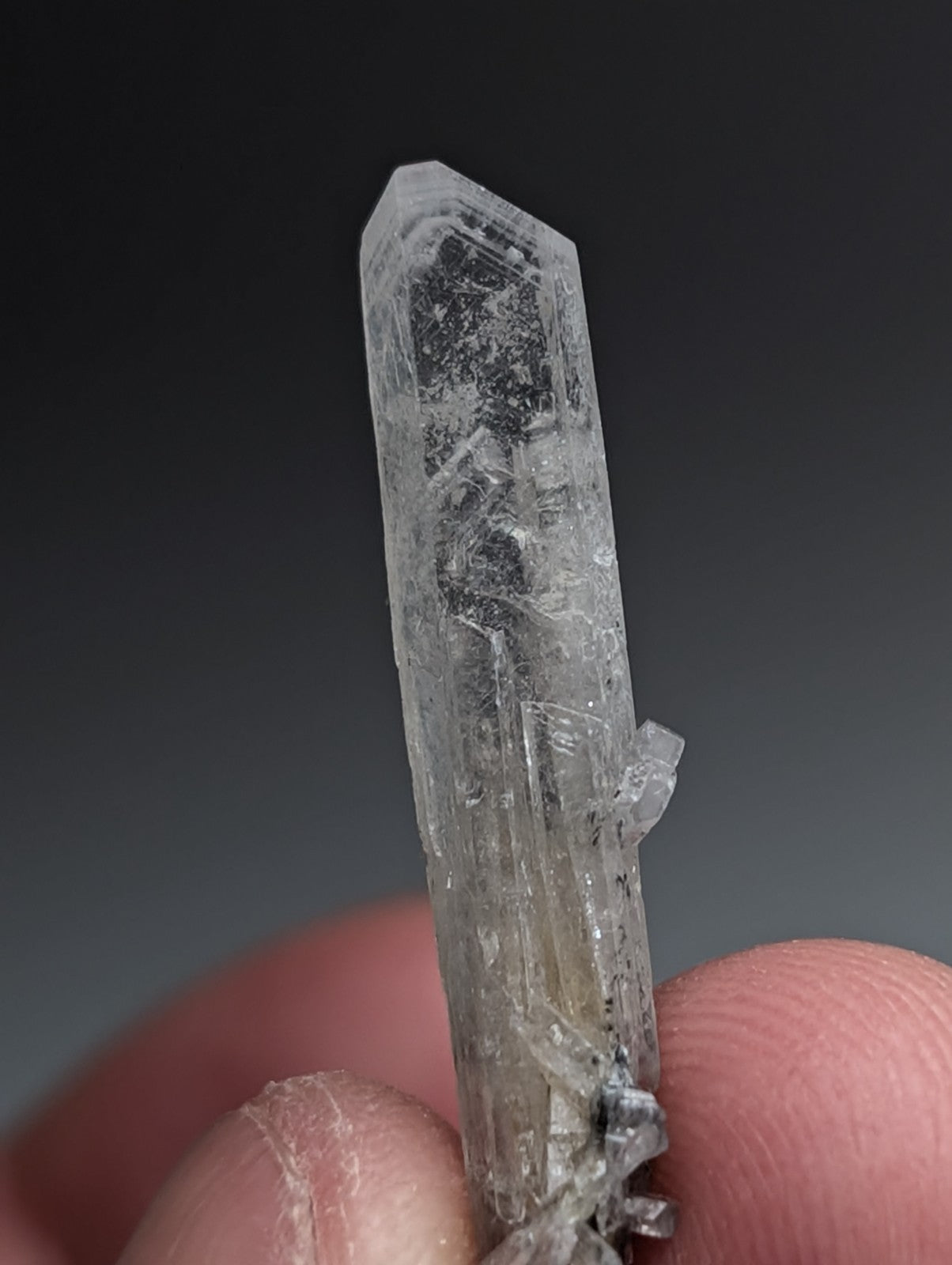 A translucent clear quartz crystal with pointed tip and internal inclusions from magnet cove arkansas with case
