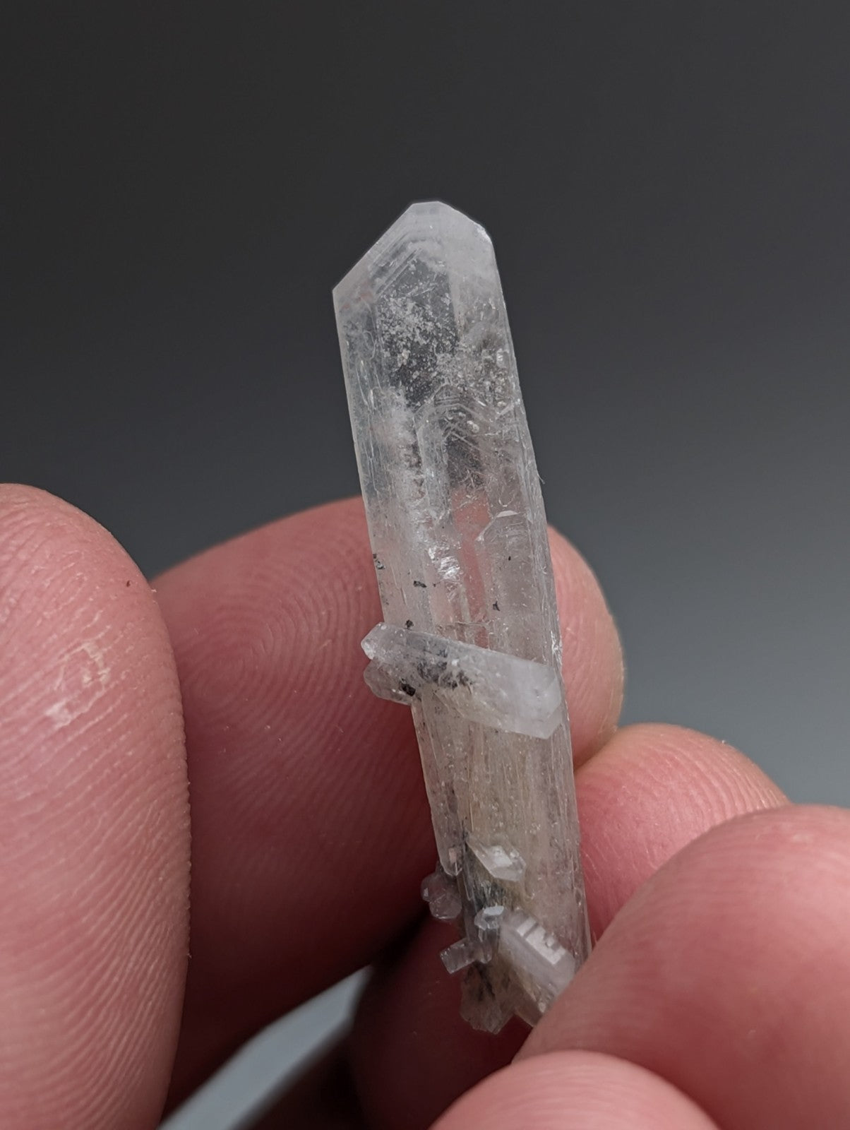 A clear quartz crystal with a pointed tip and internal inclusions in an a plus barite case from magnet cove arkansas