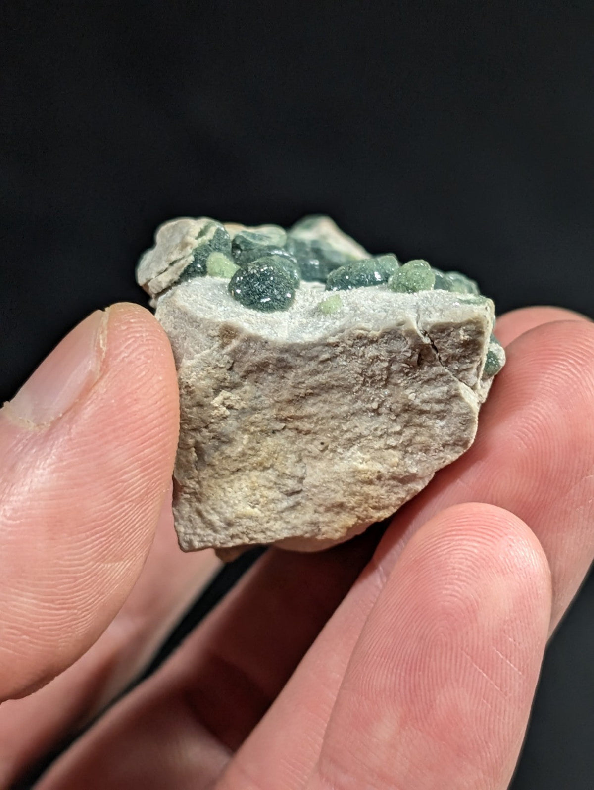 A hand holds a rough, light gray rock specimen featuring clusters of small, translucent green gemstones.