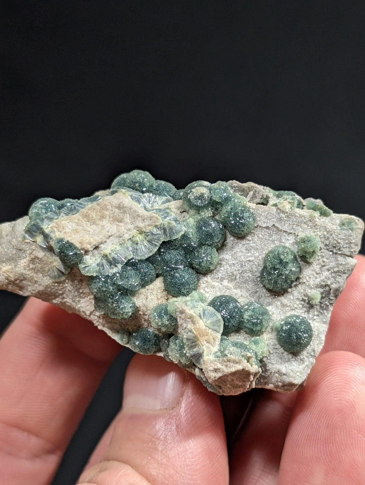A hand holds a geological specimen featuring clusters of translucent green spherical crystals growing on a rough, light gray rock matrix.