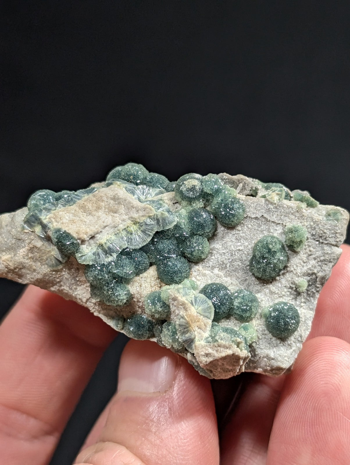 A hand holds a geological specimen featuring clusters of translucent green spherical crystals growing on a rough, light gray rock matrix.