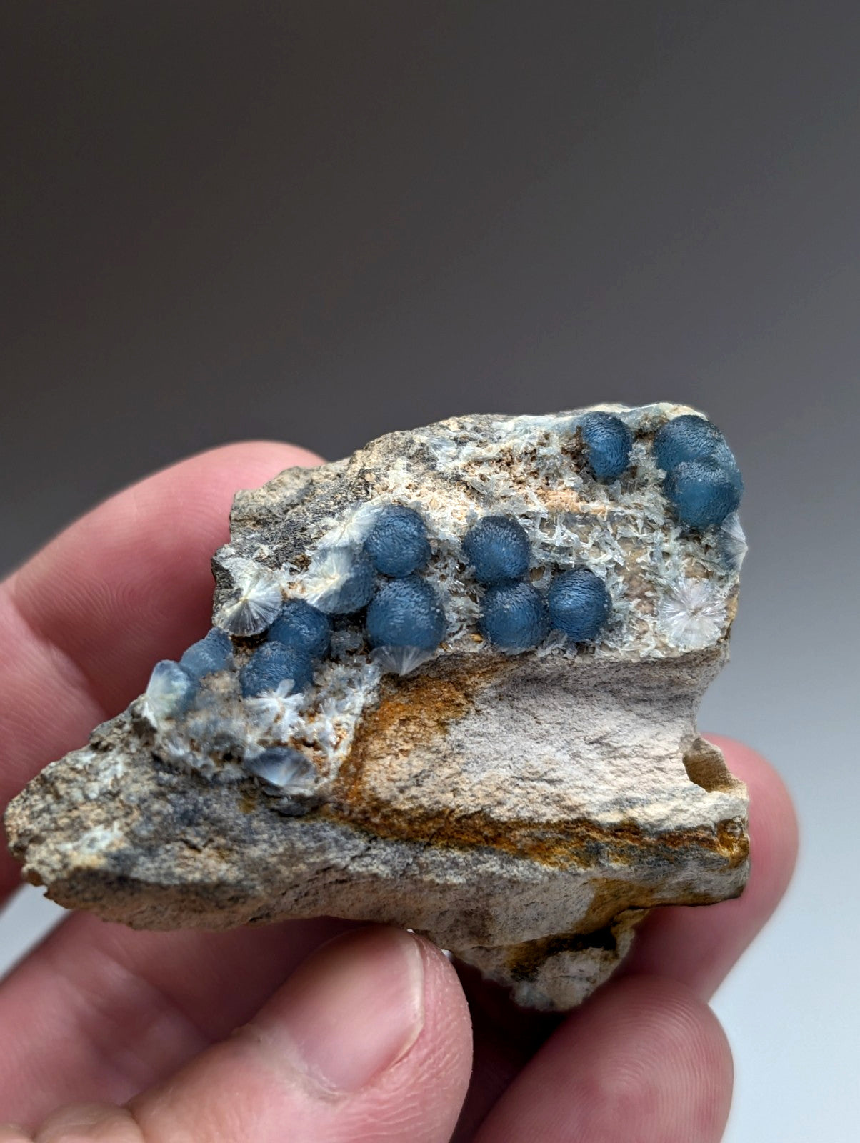A hand holds a rough gray rock specimen with translucent blue and white A+++ blue wavellite crystals from Arkansas
