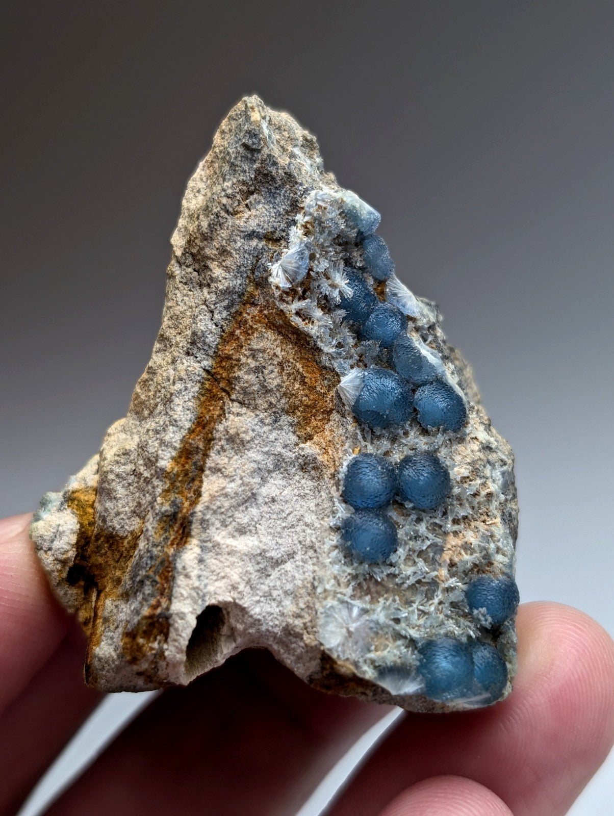 A+++ blue wavellite mineral with vibrant blue spherical clusters on a rugged gray rock from mauldin mountain arkansas