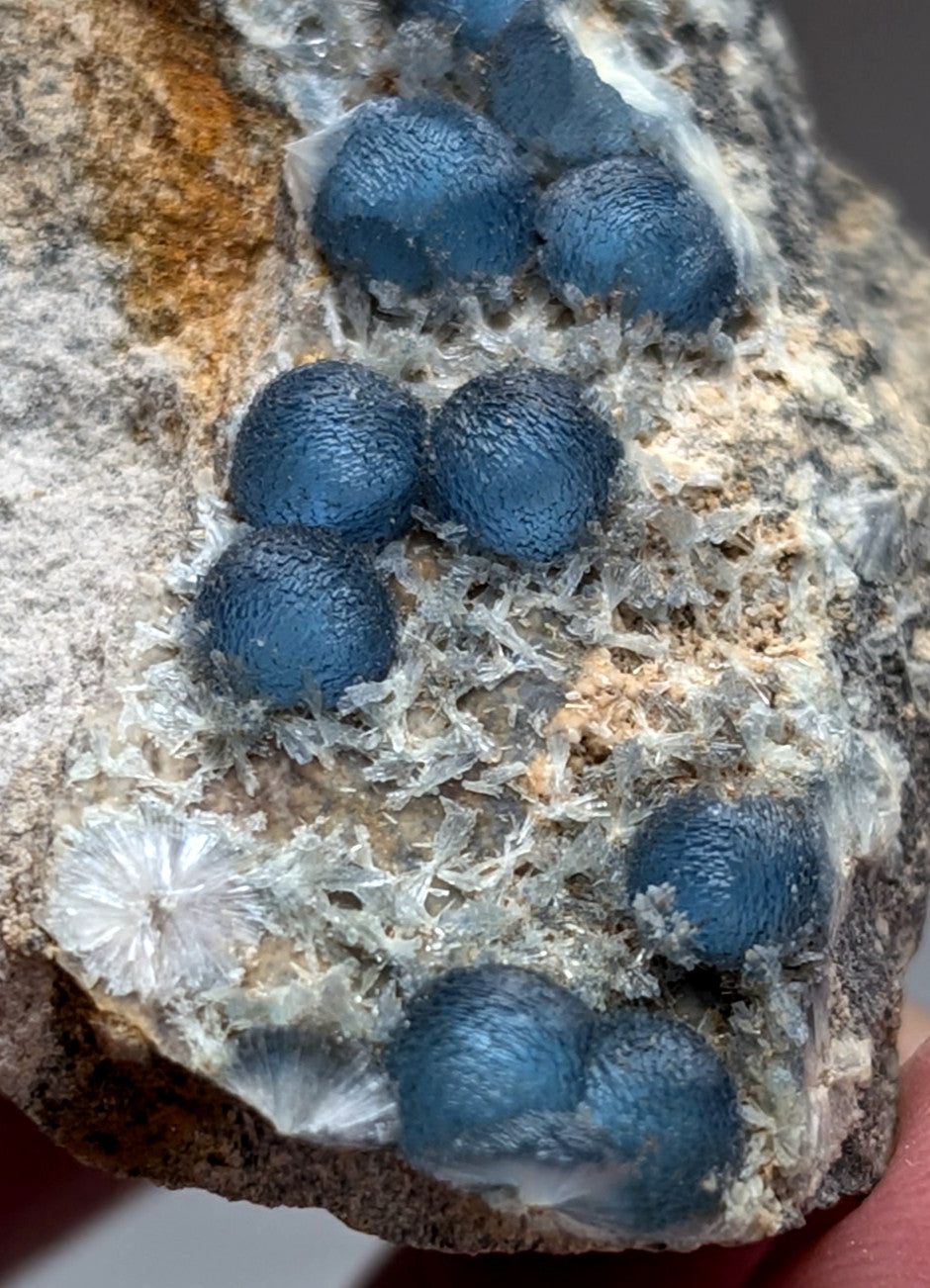 A+++ blue wavellite featuring deep blue spherical copper minerals in white quartz from mauldin mountain arkansas