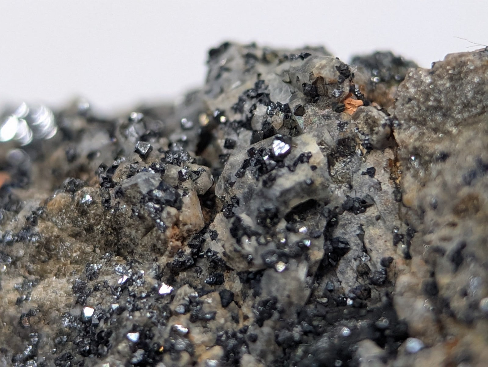 A close-up of a mineral specimen featuring dark, metallic-looking crystals embedded in a grayish matrix with specks of black and brown.