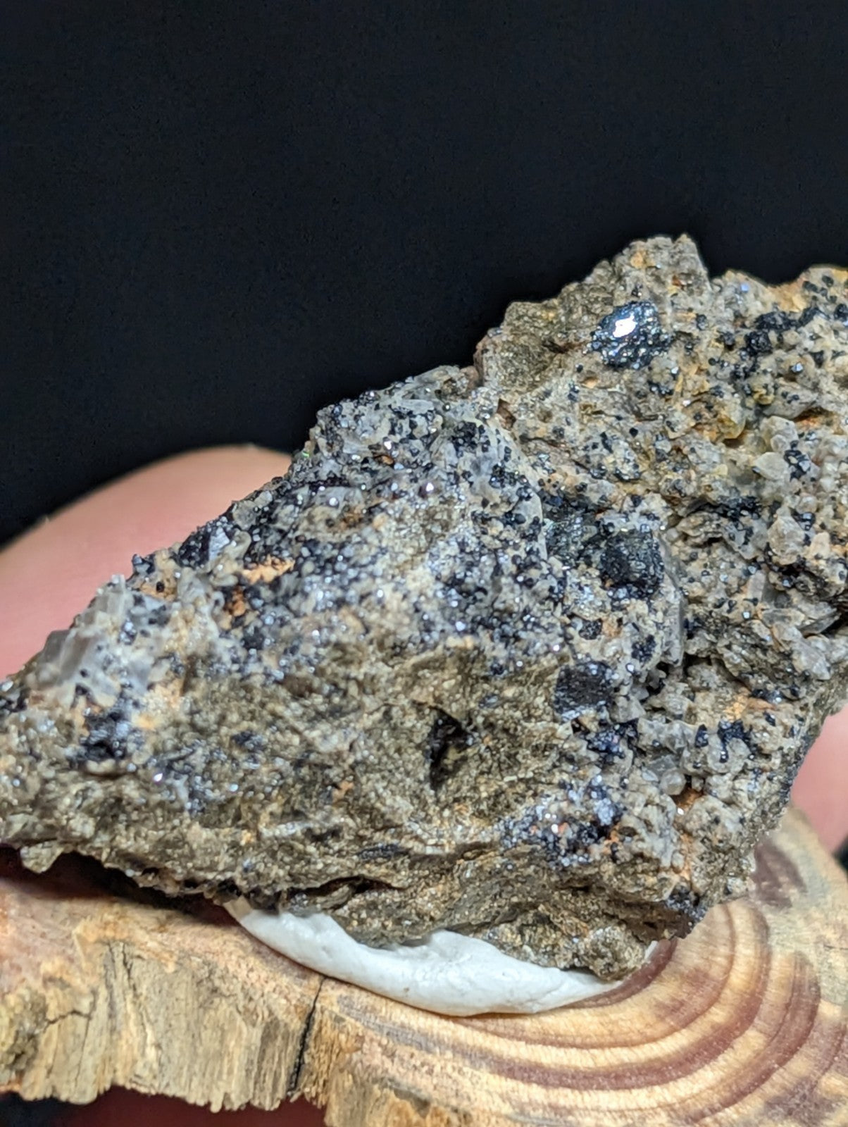 A rugged, grayish-black mineral specimen with speckled black and metallic inclusions rests on a wooden display base.
