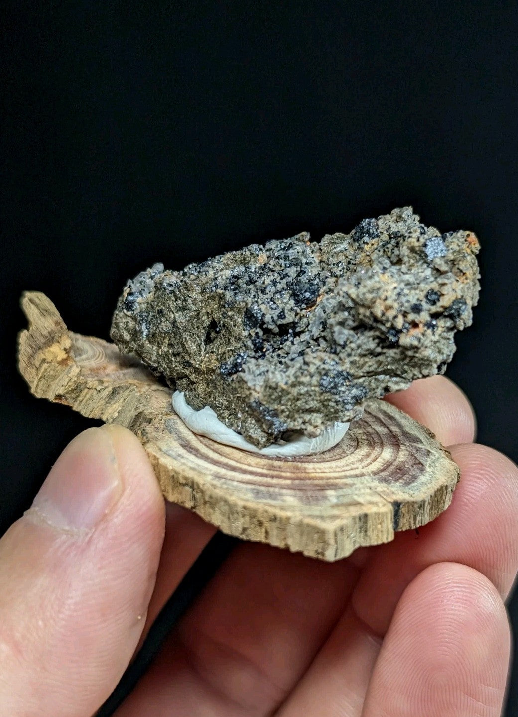 A rugged, dark gray and black mineral specimen with speckled texture rests on a circular wooden slice held in hand.