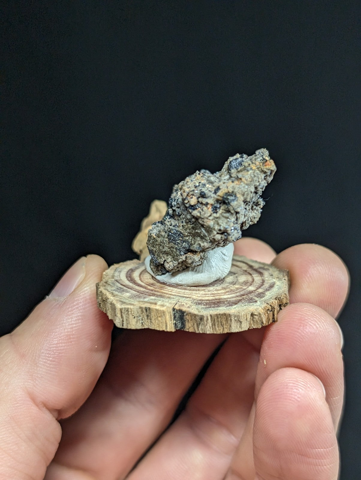 A rugged, dark gray and black mineral specimen with a rough, textured surface sits atop a circular wooden slice base.