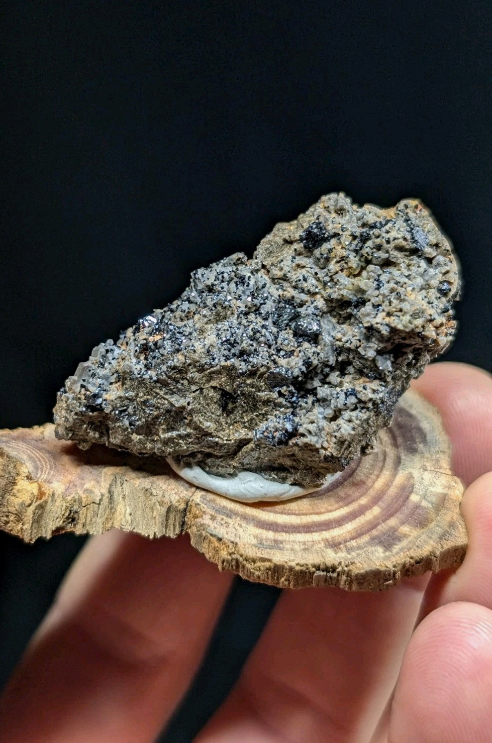 A rugged, dark gray and black mineral specimen with a rough, textured surface rests on a circular wooden slice.