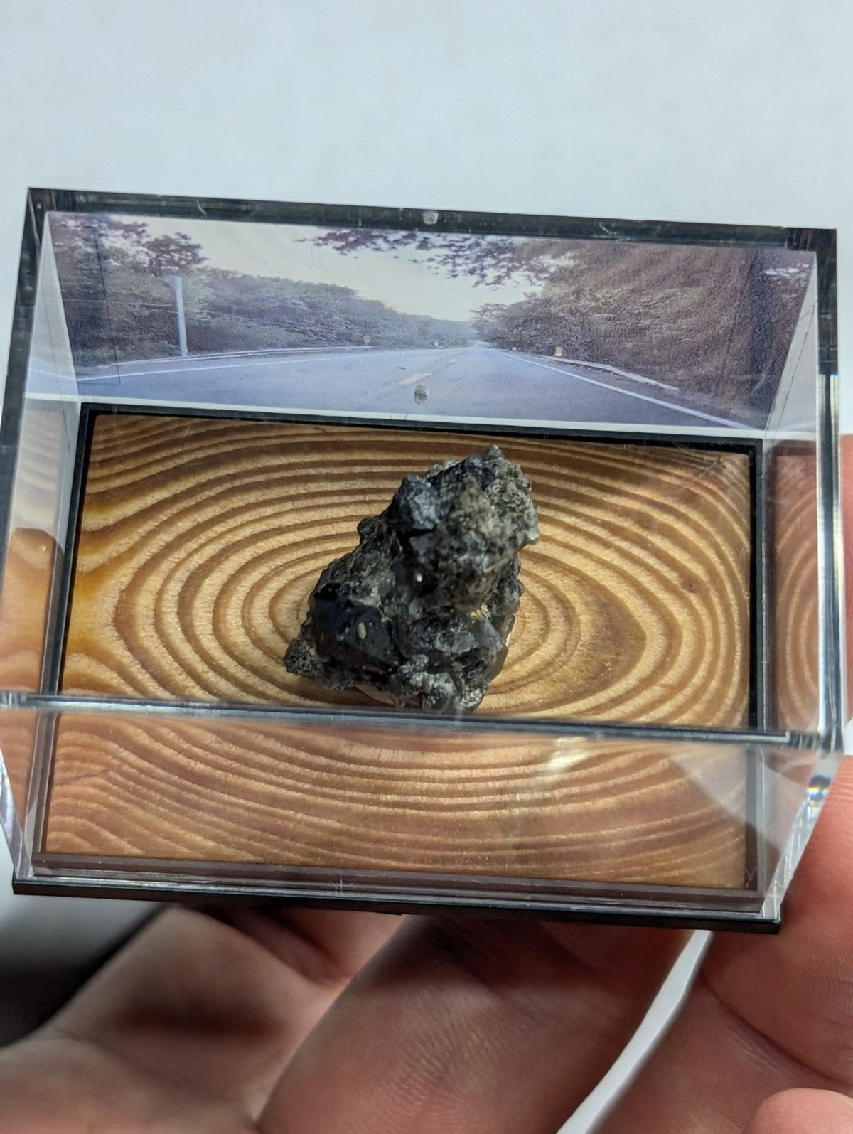 A dark, rough-textured mineral specimen displayed in a clear acrylic display case with concentric wood-grain patterns.