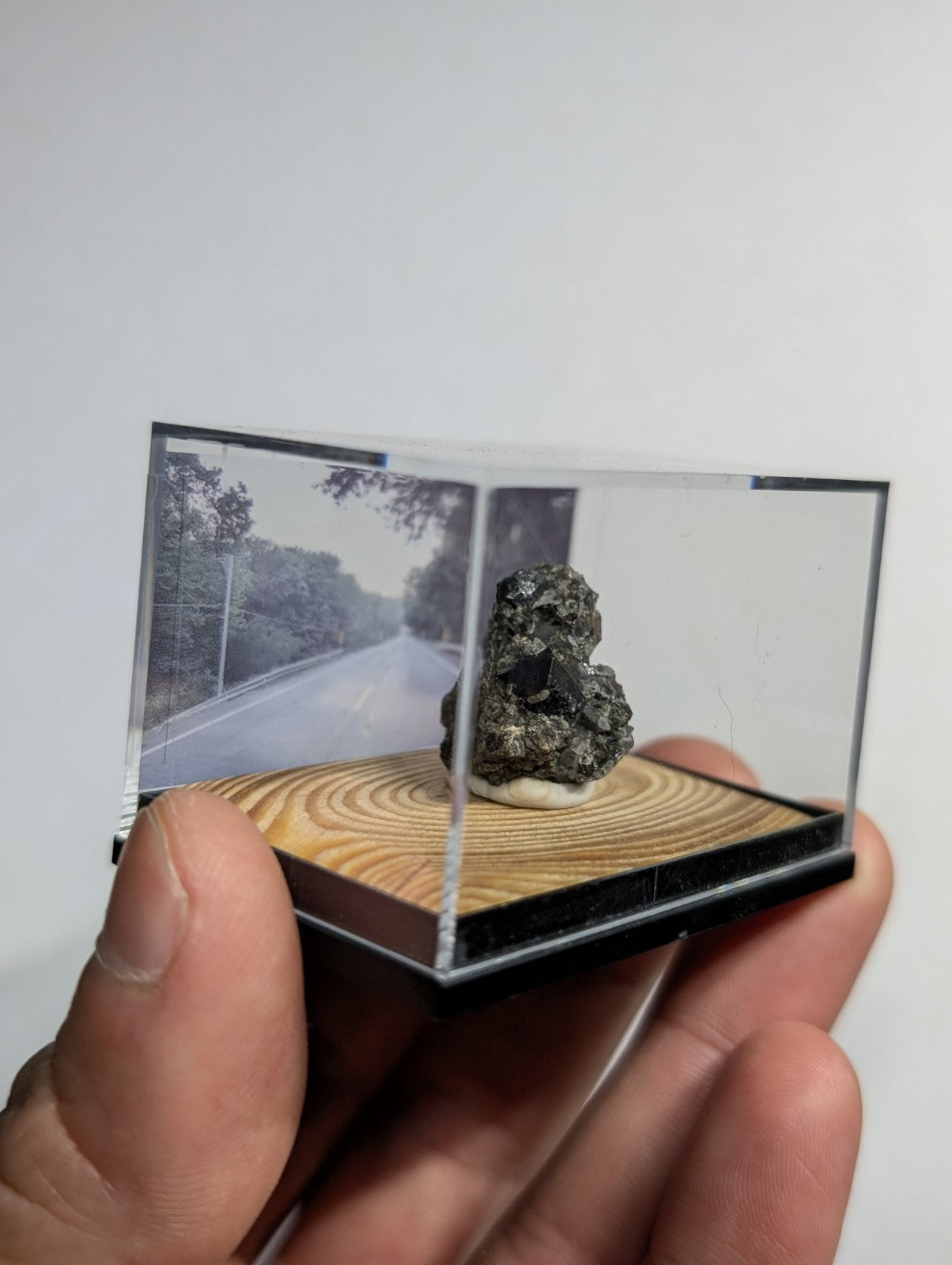 A dark, textured mineral specimen displayed in a clear acrylic display case with a wooden base.