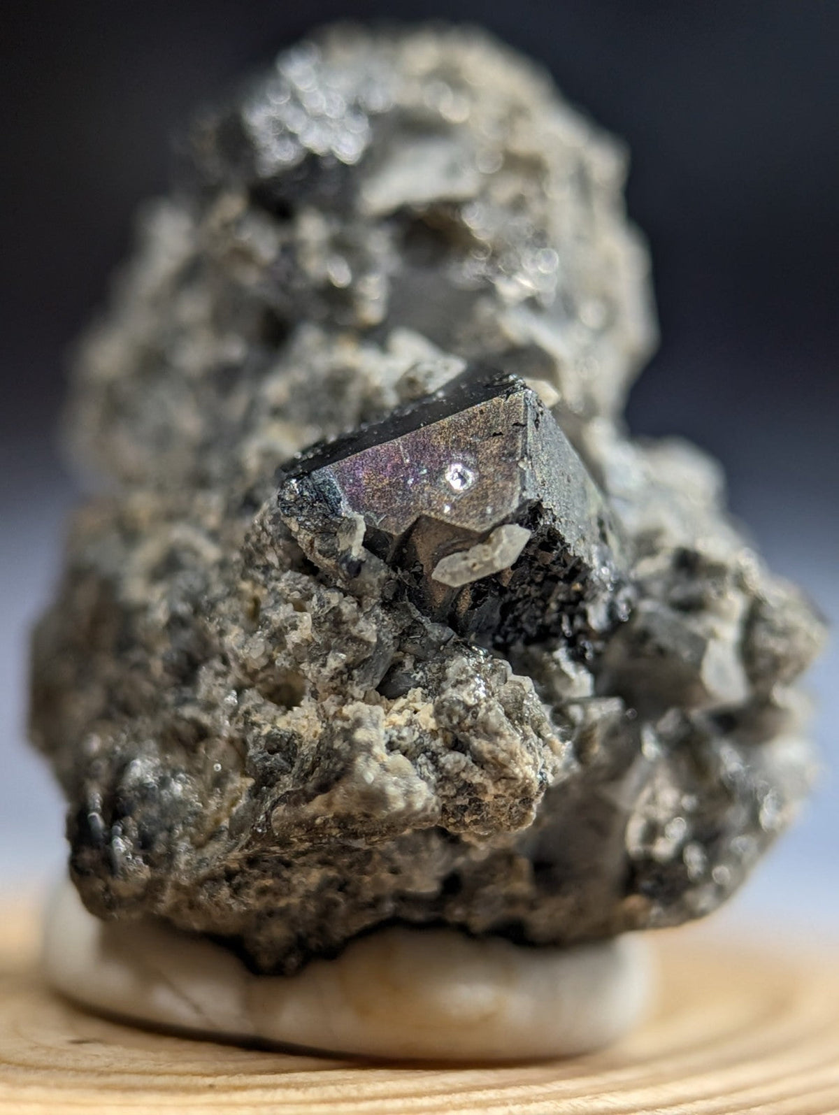 A dark, metallic-looking mineral specimen with a prominent faceted crystal emerging from a rough, grayish rock matrix.