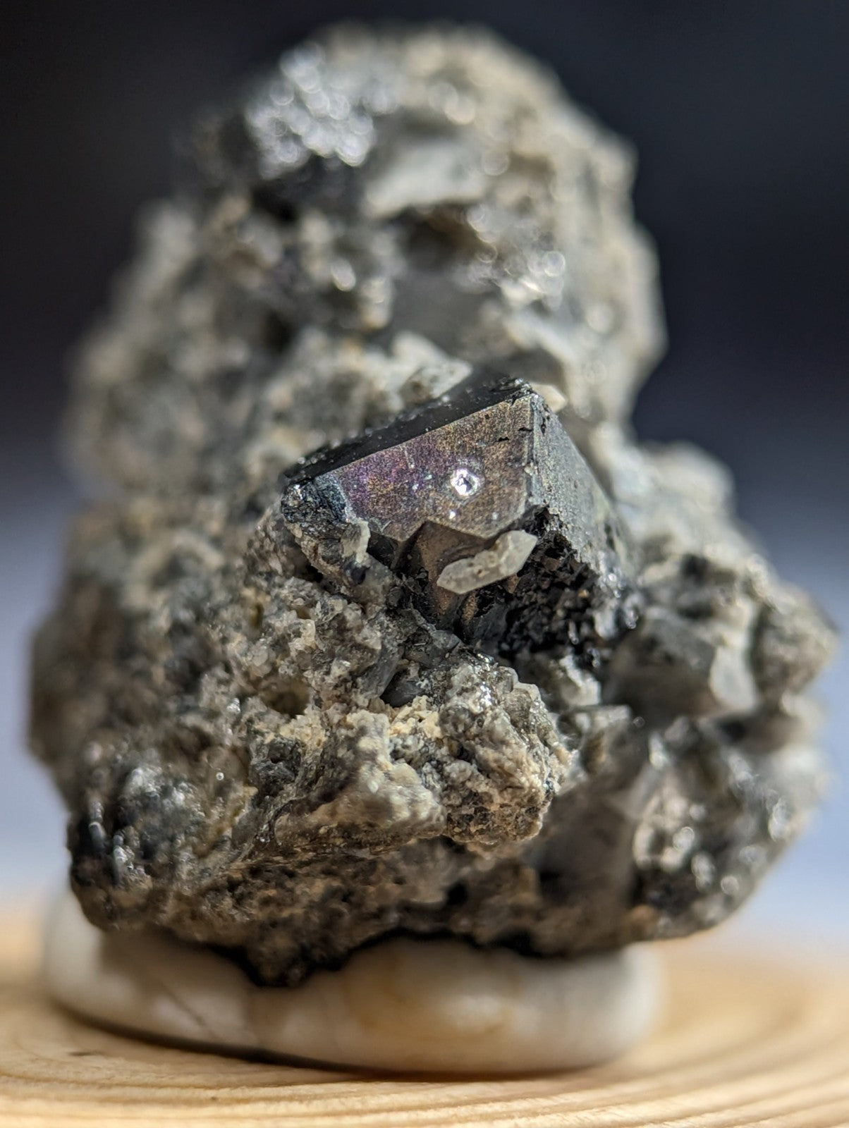 A dark, metallic-looking mineral specimen with a prominent faceted crystal emerging from a rough, grayish rock matrix.