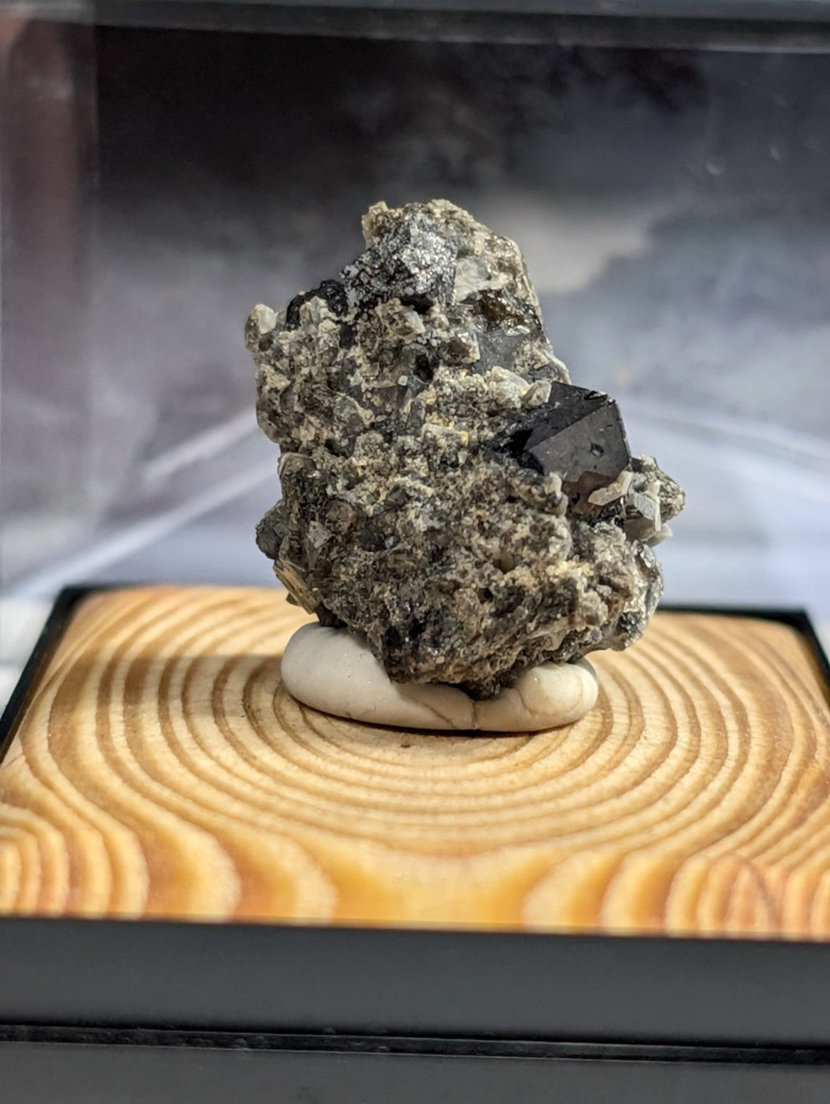 A dark, crystalline mineral specimen with a rough, textured surface and metallic sheen sits atop a smooth white base on a wooden display stand.