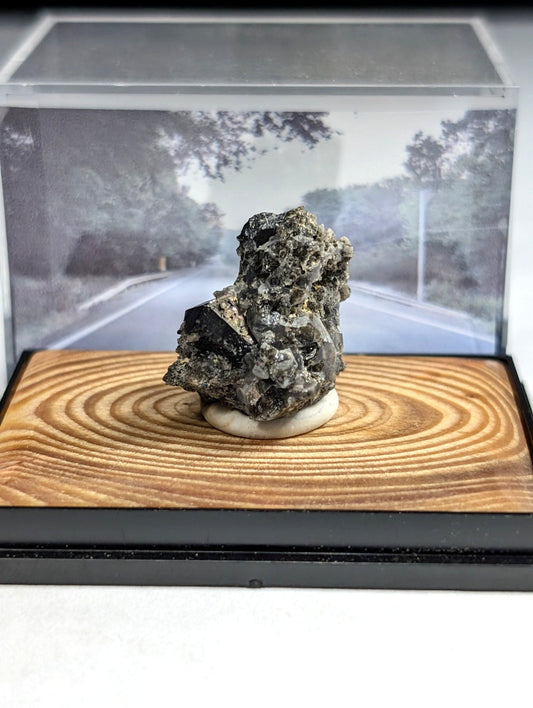 A dark, textured mineral specimen with a rough, irregular surface sits atop a circular white base within a clear acrylic display case.