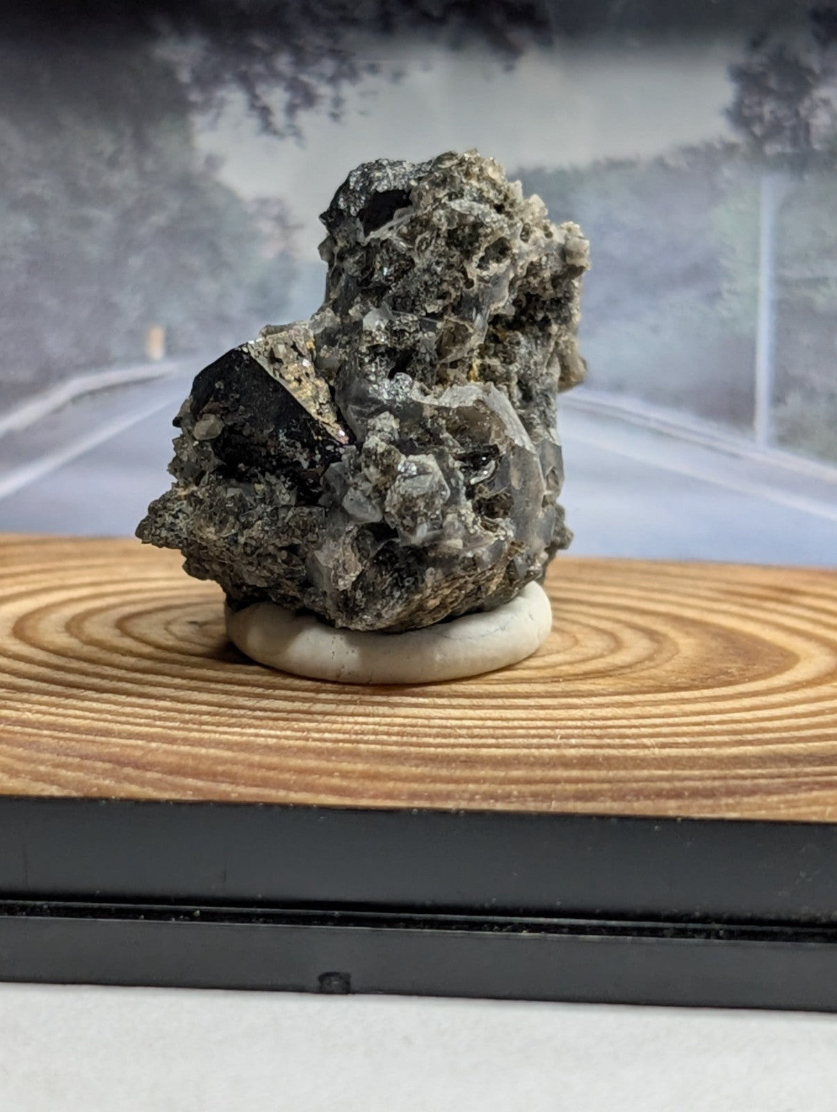 A rugged, multi-toned mineral specimen with dark and grayish patches sits atop a smooth white circular base.