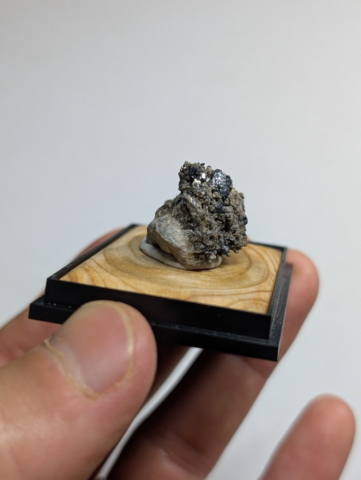 A miniature mineral specimen with a textured, metallic sheen and dark gray to black crystalline formations rests on a wooden display base framed in black.