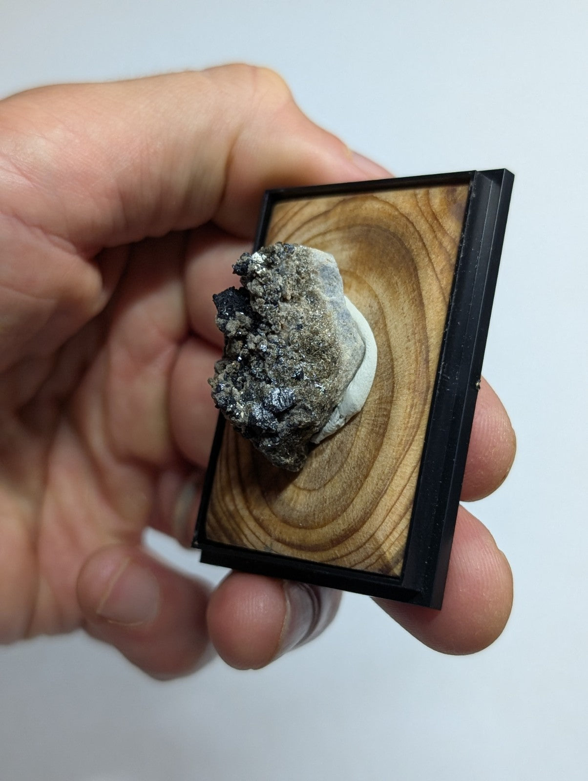 A framed mineral specimen with a dark, textured rock mounted on a light wood background.