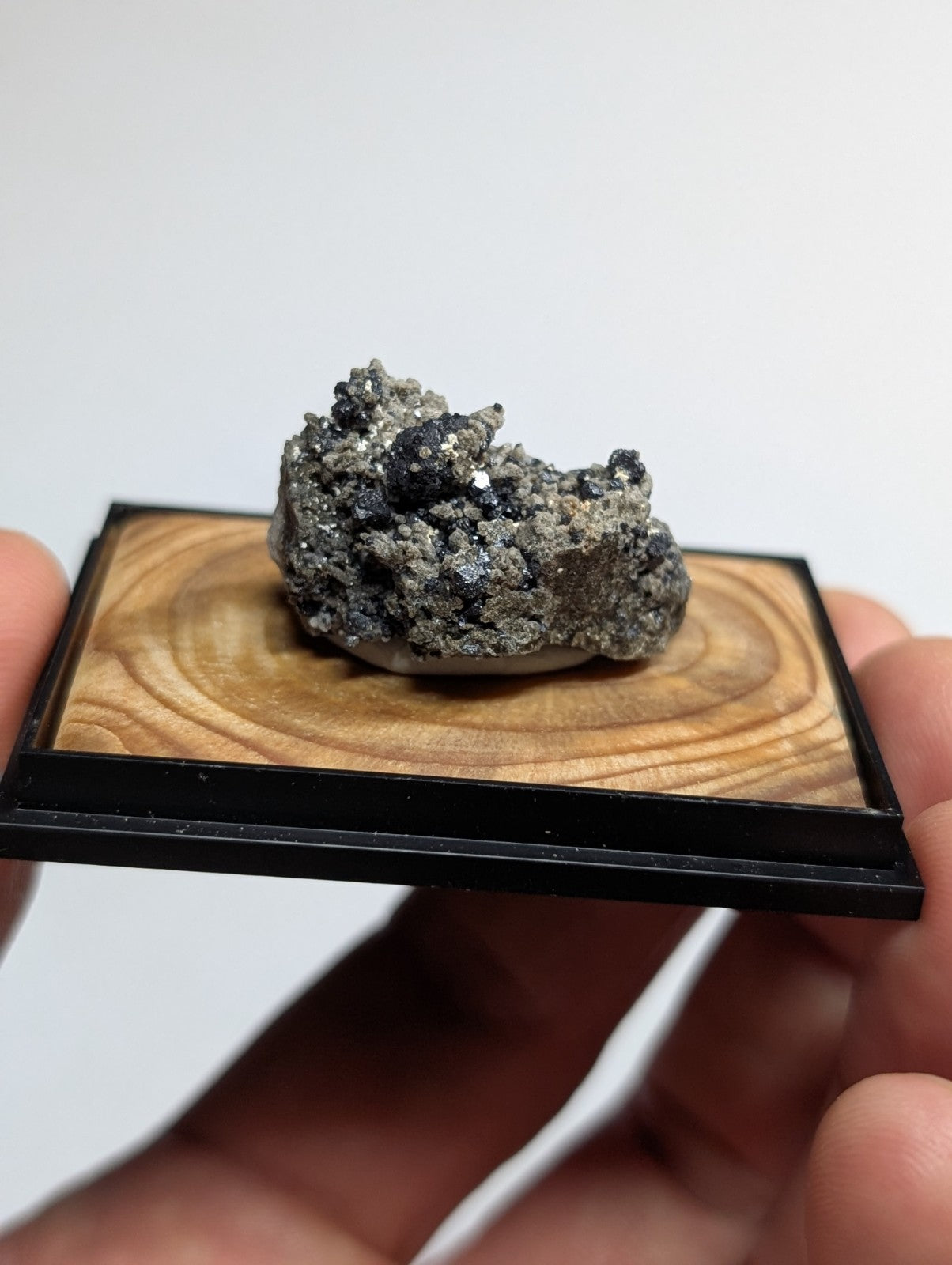 A textured, gray and black mineral specimen with a rough, crystalline surface displayed on a wooden base within a sleek black frame.