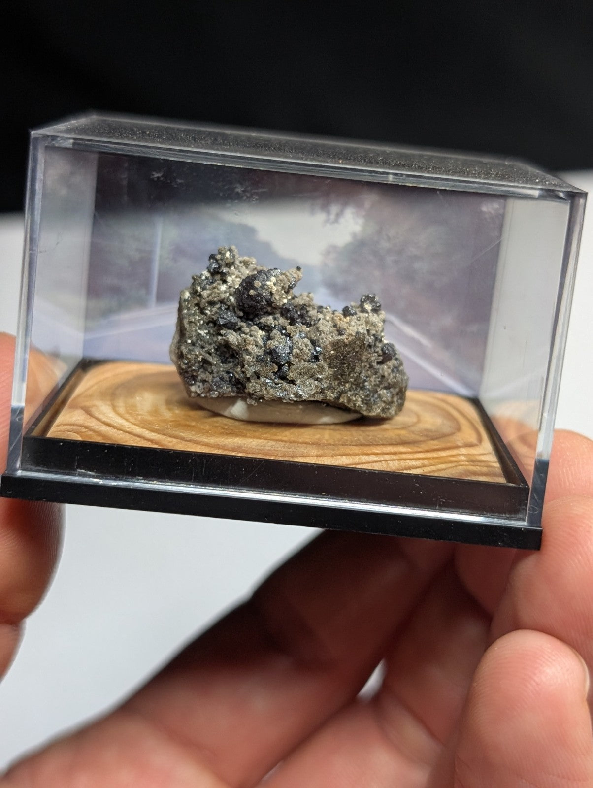 A metallic, textured mineral specimen with speckled gray and dark patches rests inside a clear acrylic display case.