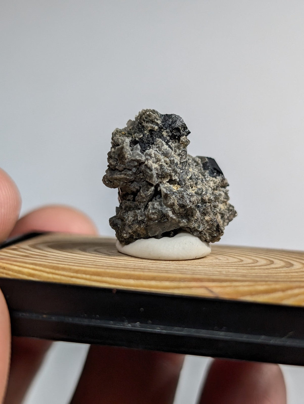 A rugged, dark gray and black mineral specimen with a rough, textured surface sits atop a small white circular base.