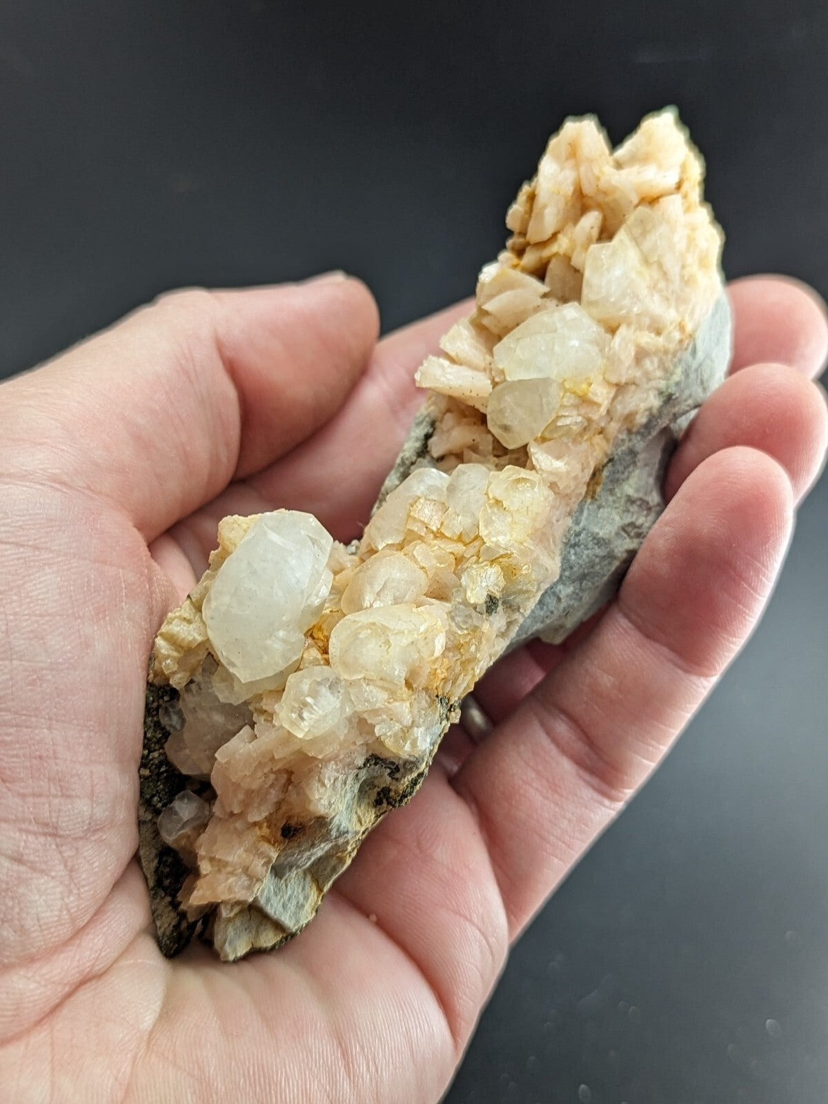 A hand holds a translucent, pale yellowish-white mineral specimen with clustered crystals growing from a darker gray rock base.