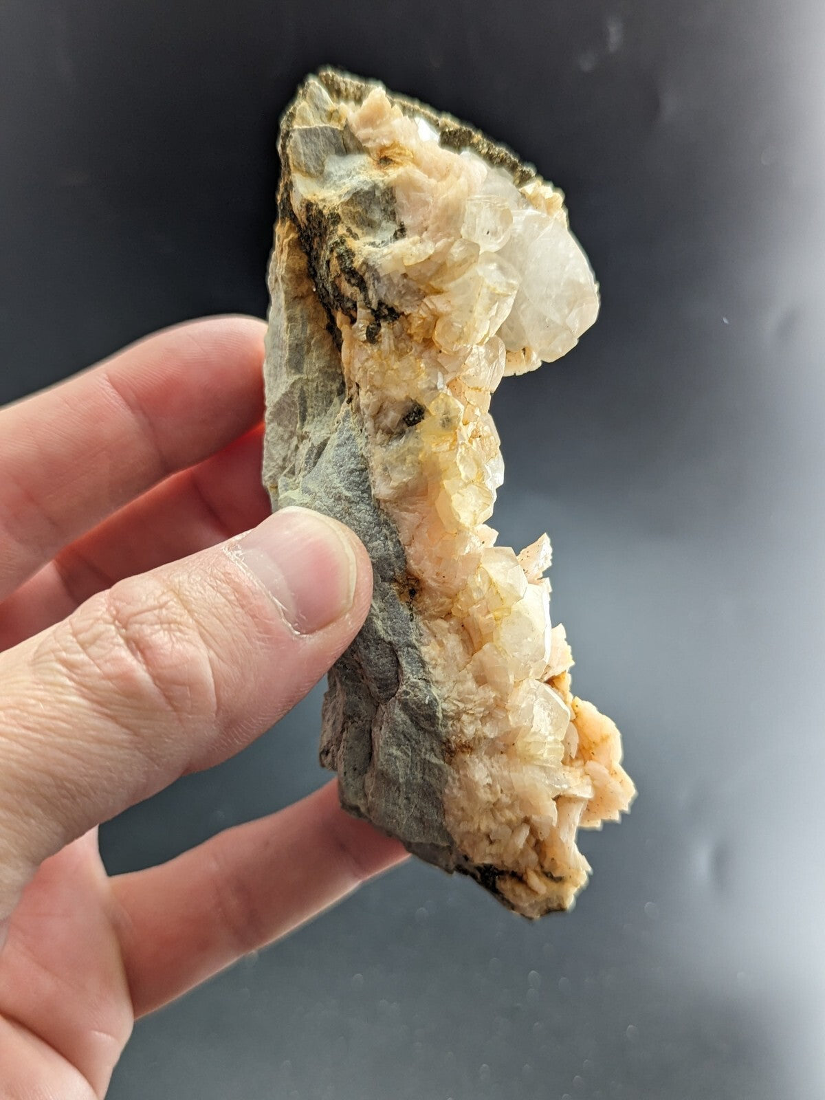 A hand holds a natural quartz crystal formation with translucent, pale pink and white crystals growing from a dark gray rock base.